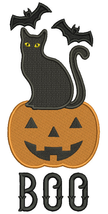 BOO Black Cat Is Sitting on a Pumpkin Halloween Filled Machine Embroidery Design Digitized Pattern