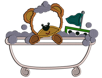 Baby Bear Playing In a Bathtub Applique Machine Embroidery Design Digitized Pattern