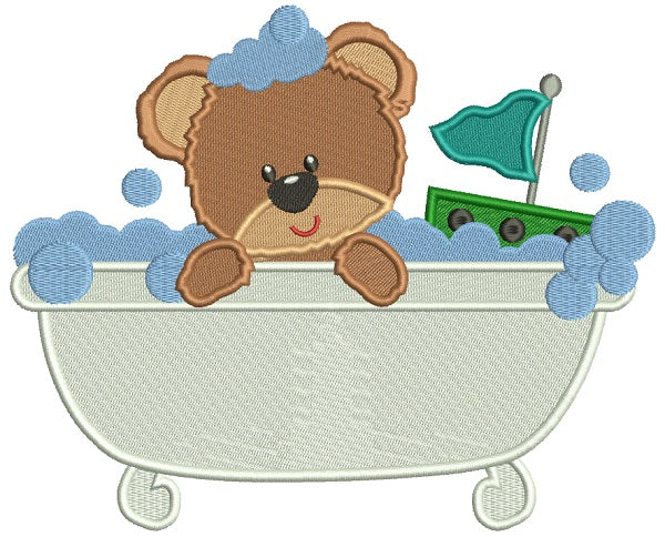 Baby Bear Playing In a Bathtub Filled Machine Embroidery Design Digitized Pattern