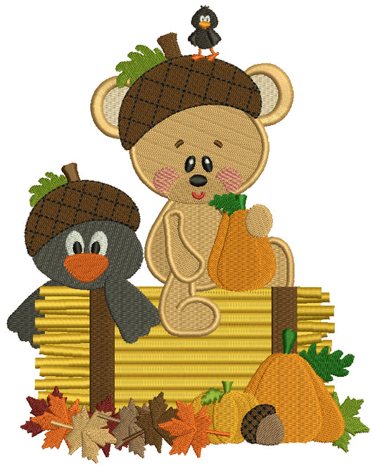 Baby Bear With a Little Crow Fall Filled Machine Embroidery Design Digitized Pattern