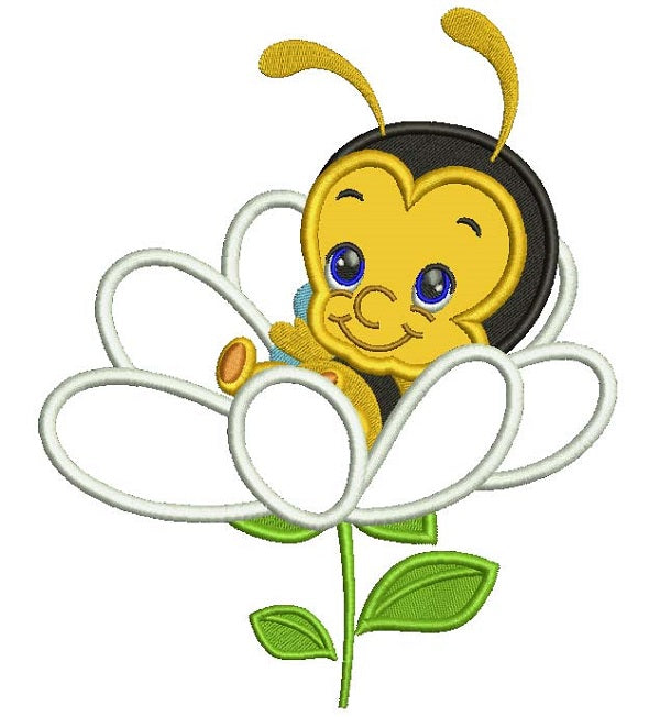 Baby Bee Sitting Inside a Flower Applique Machine Embroidery Design Digitized Pattern