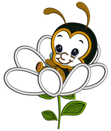 Baby Bee Sitting Inside a Flower Applique Machine Embroidery Design Digitized Pattern