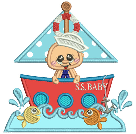 Baby Boy Pig Sailor On a Big Ship Applique Machine Embroidery Design Digitized Pattern