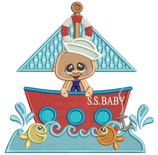 Baby Boy Pig Sailor On a Big Ship Filled Machine Embroidery Design Digitized Pattern