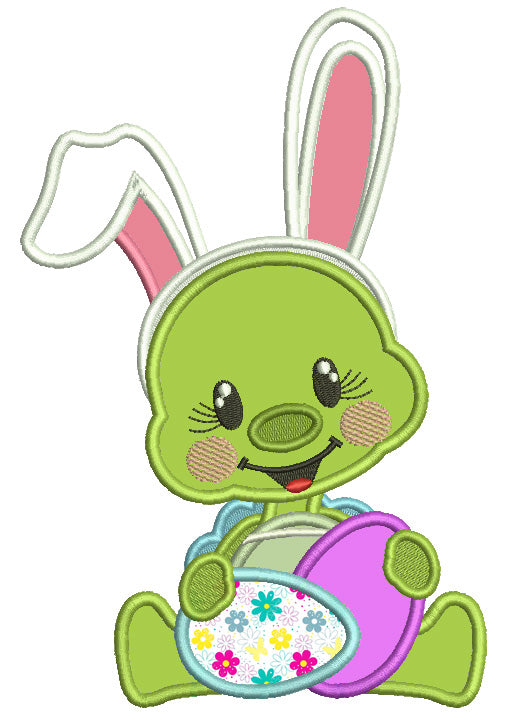 Baby Bunny Holding Easter Eggs Applique Machine Embroidery Design Digitized Pattern