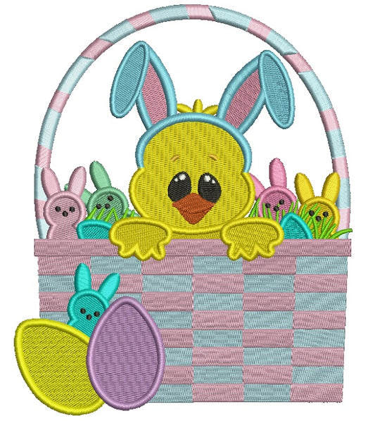 Baby Chick Sitting Inside a Big Easter Basket Filled Machine Embroidery Design Digitized Pattern
