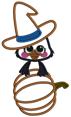 Baby Crow With Big Hat Holding Pumpkin Fall Thanksgiving Applique Machine Embroidery Design Digitized Pattern