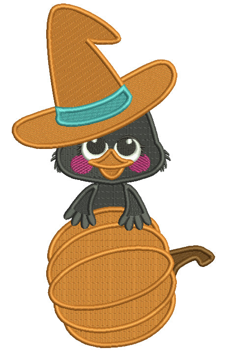 Baby Crow With Big Hat Holding Pumpkin Fall Thanksgiving Filled Machine Embroidery Design Digitized Pattern