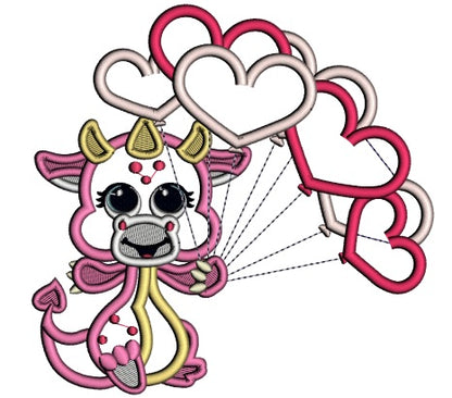 Baby Dino Holding Lots Of Heart Shaped Balloons Applique Machine Embroidery Design Digitized Pattern