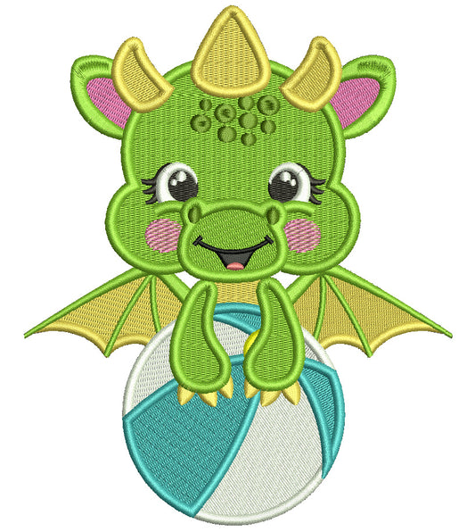 Baby Dragon Holding Beach Ball Summer Filled Machine Embroidery Design Digitized Pattern
