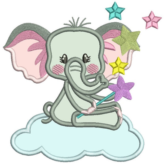 Baby Elephant On The Cloud With Stars Applique Machine Embroidery Design Digitized Pattern
