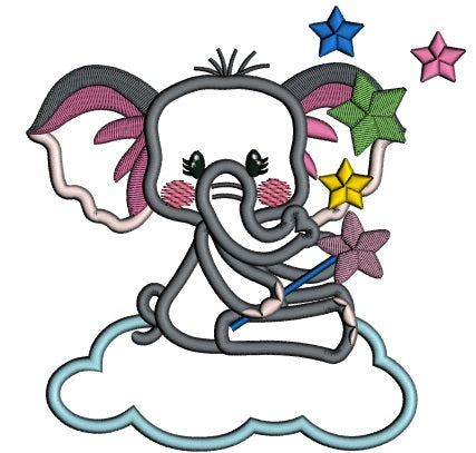 Baby Elephant On The Cloud With Stars Applique Machine Embroidery Design Digitized Pattern
