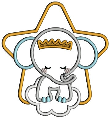 Baby Elephant Sitting On The Cloud And Big Star Applique Machine Embroidery Design Digitized Pattern