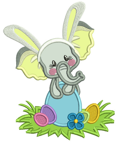 Baby Elephant Wearing Bunny Ears Sitting On the Easter Egg Applique Machine Embroidery Design Digitized Pattern
