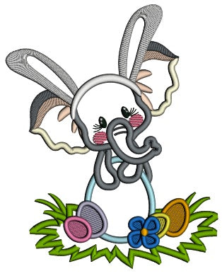 Baby Elephant Wearing Bunny Ears Sitting On the Easter Egg Applique Machine Embroidery Design Digitized Pattern