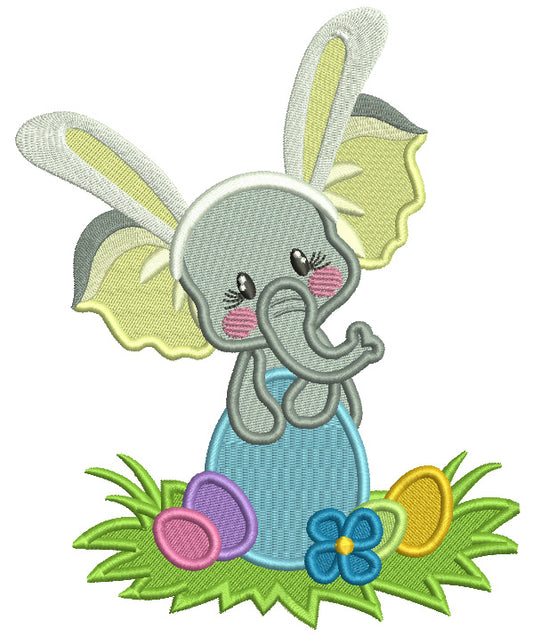 Baby Elephant Wearing Bunny Ears Sitting On the Easter Egg Filled Machine Embroidery Design Digitized Pattern