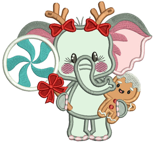 Baby Elephant With Gingerbread Man Christmas Applique Machine Embroidery Design Digitized Pattern