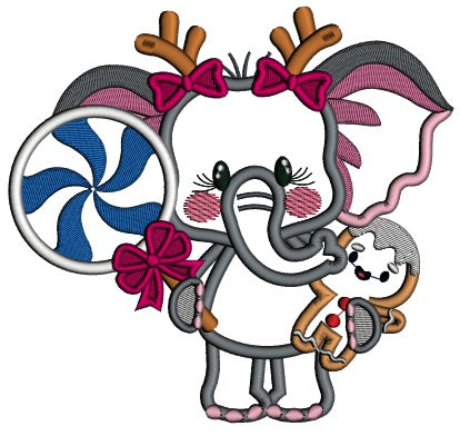 Baby Elephant With Gingerbread Man Christmas Applique Machine Embroidery Design Digitized Pattern