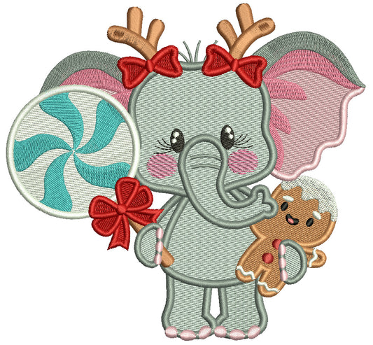 Baby Elephant With Gingerbread Man Christmas Filled Machine Embroidery Design Digitized Pattern