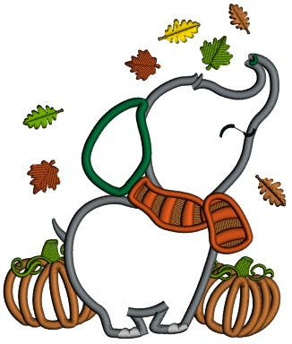 Baby Elephant With Two Pumpkins And Fall Leaves Applique Machine Embroidery Design Digitized Pattern