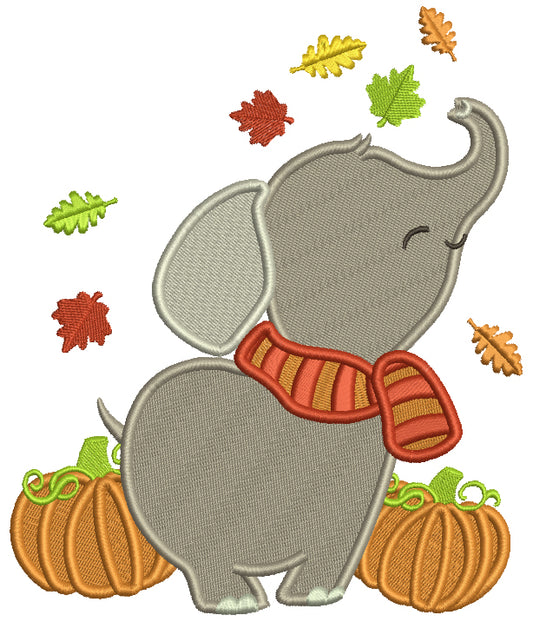Baby Elephant With Two Pumpkins And Fall Leaves Filled Machine Embroidery Design Digitized Pattern