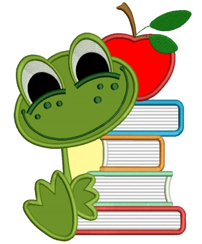 Baby Frog With Books School Applique Machine Embroidery Design Digitized Pattern
