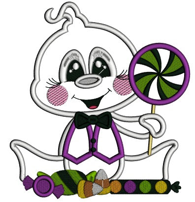 Baby Ghost Holding Candy Halloween Applique Machine Embroidery Design Digitized Pattern