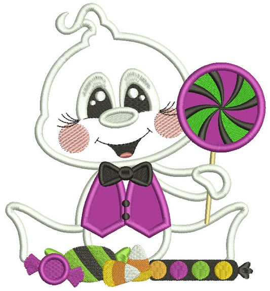 Baby Ghost Holding Candy Halloween Applique Machine Embroidery Design Digitized Pattern