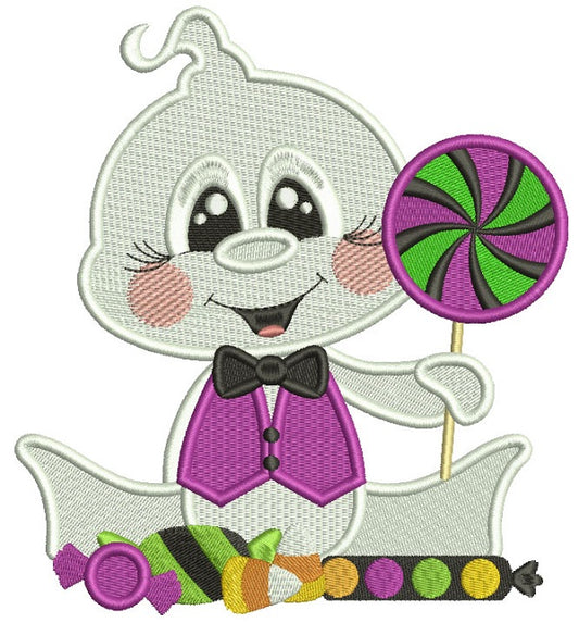 Baby Ghost Holding Candy Halloween Filled Machine Embroidery Design Digitized Pattern