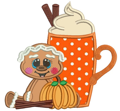 Baby Gingerbread Girl With Pumpkin Thanksgiving Applique Machine Embroidery Design Digitized Pattern