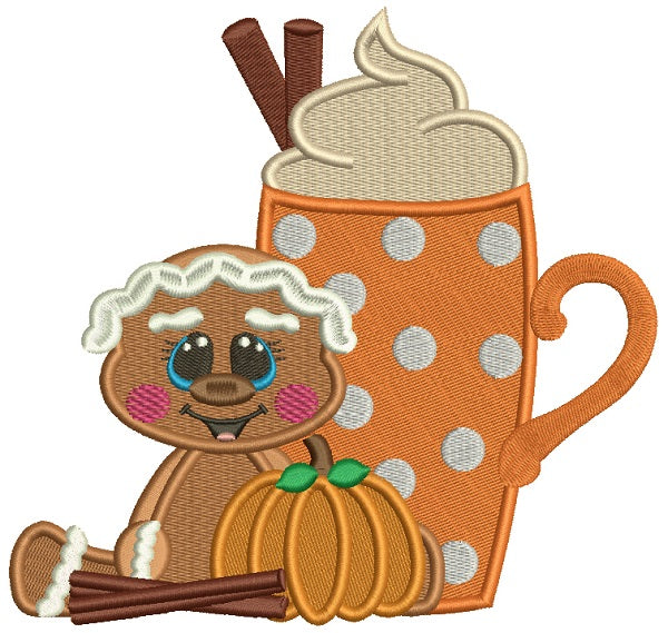 Baby Gingerbread Girl With Pumpkin Thanksgiving Filled Machine Embroidery Design Digitized Pattern