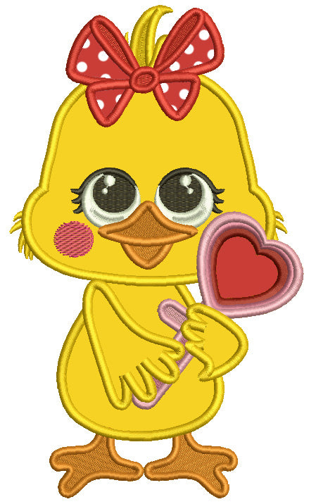 Baby Girl Chick Holding Big Heart Valentine's Day Applique Machine Embroidery Design Digitized Pattern