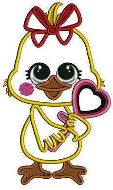 Baby Girl Chick Holding Big Heart Valentine's Day Applique Machine Embroidery Design Digitized Pattern