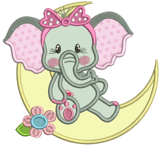 Baby Girl Elephant Sitting On The Moon Applique Machine Embroidery Design Digitized Pattern