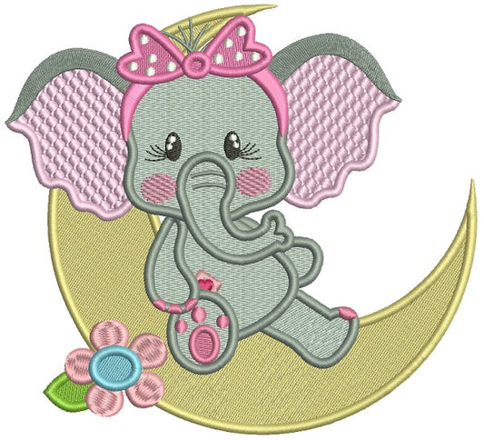 Baby Girl Elephant Sitting On The Moon Filled Machine Embroidery Design Digitized Pattern