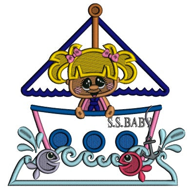Baby Girl Pig Sailor On a Big Ship Applique Machine Embroidery Design Digitized Pattern