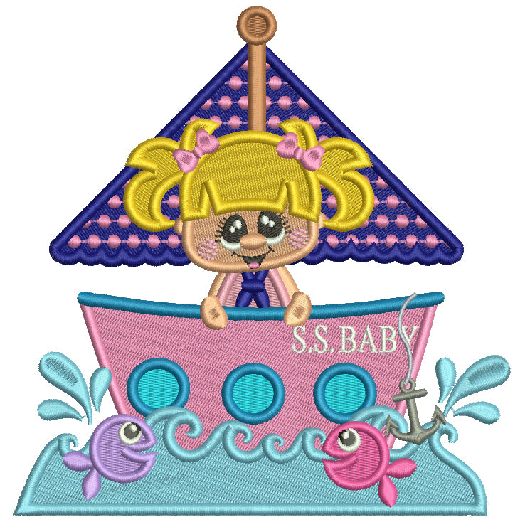 Baby Girl Pig Sailor On a Big Ship Filled Machine Embroidery Design Digitized Pattern