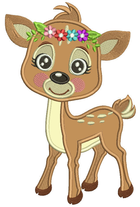 Baby Girl Reindeer Wearing Floral Wreath Applique Machine Embroidery Design Digitized Pattern