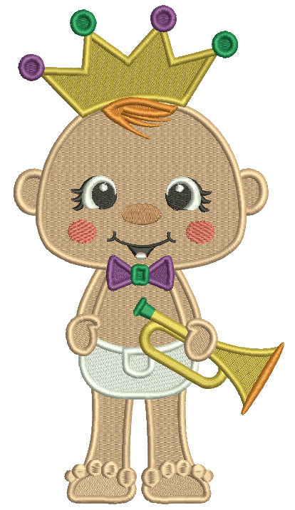Baby Holding Trumpet Mardi Gras Filled Machine Embroidery Design Digitized Pattern