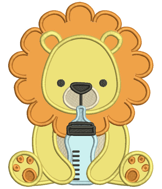Baby Lion With Milk Bottle Applique Machine Embroidery Design Digitized Pattern
