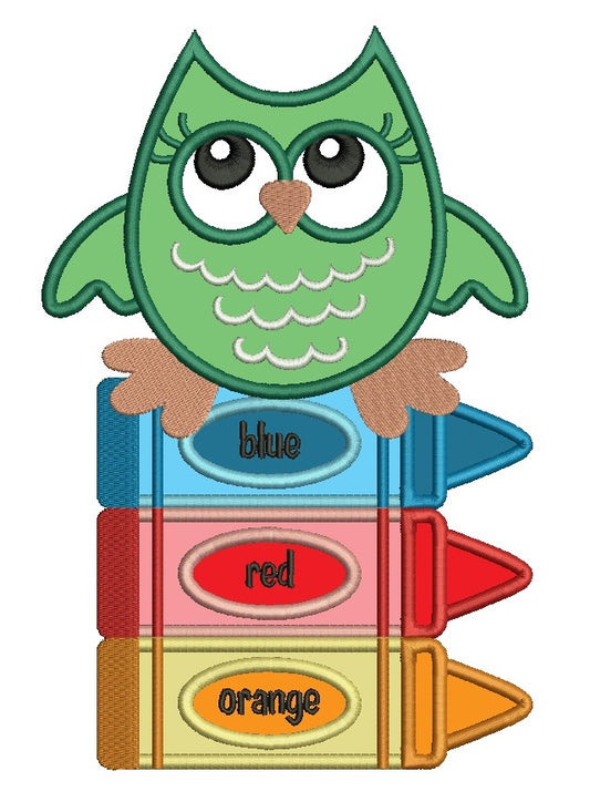 Baby Owl Sitting on Markers School Applique Machine Embroidery Design Digitized Pattern