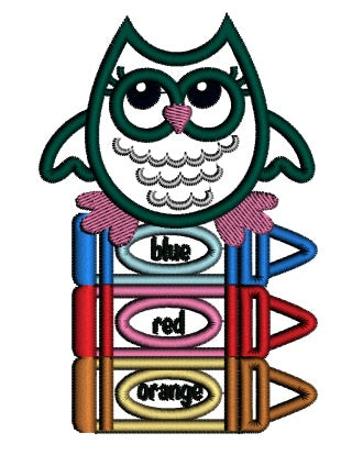 Baby Owl Sitting on Markers School Applique Machine Embroidery Design Digitized Pattern