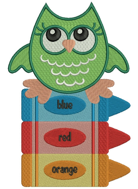 Baby Owl Sitting on Markers School Filled Machine Embroidery Design Digitized Pattern