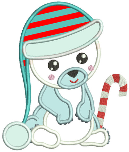 Baby Polar Bear Wearing Winter Hat Christmas Applique Machine Embroidery Design Digitized Pattern
