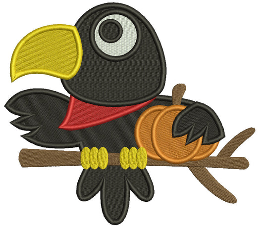 Baby Raven Sitting on a Branch Holding Pumpkin Halloween Filled Machine Embroidery Digitized Design Pattern