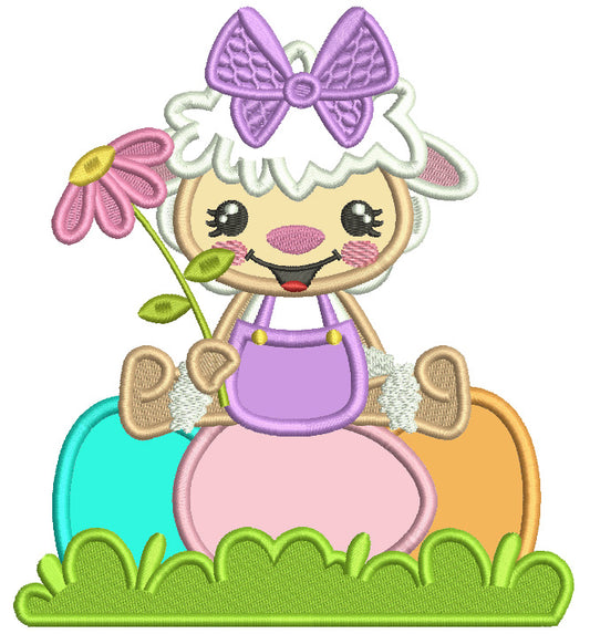 Baby Sheep Sitting On Three Eggs Easter Applique Machine Embroidery Design Digitized Pattern