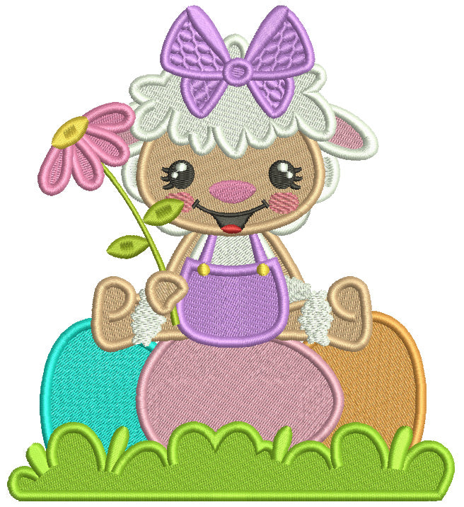 Baby Sheep Sitting On Three Eggs Easter Filled Machine Embroidery Design Digitized Pattern