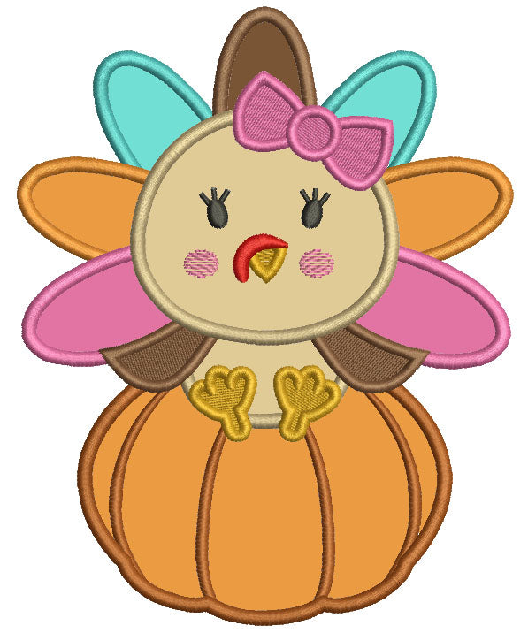 Baby Turkey Sitting On a Big Pumpkin Thanksgiving Applique Machine Embroidery Design Digitized Pattern