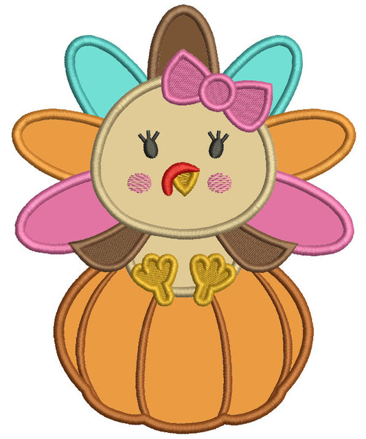 Baby Turkey Sitting On a Big Pumpkin Thanksgiving Applique Machine Embroidery Design Digitized Pattern