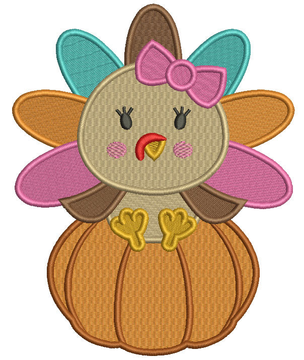 Baby Turkey Sitting On a Big Pumpkin Thanksgiving Filled Machine Embroidery Design Digitized Pattern